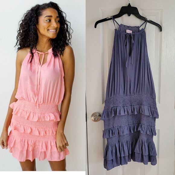 Pink Lily Ruffle Tie Neck Silk Dress L - Picture 1 of 7